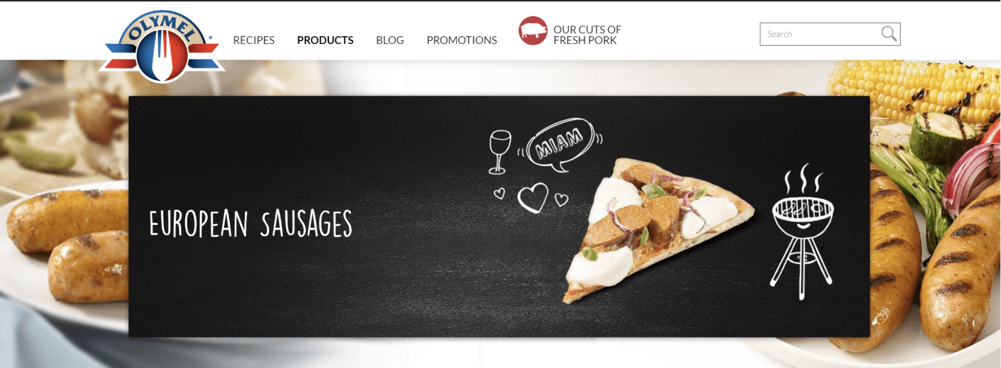 Olymel website banner announcing “European sausages” with a visual that has “miam” which is a French onomatopoeia that no English speaker would understand.