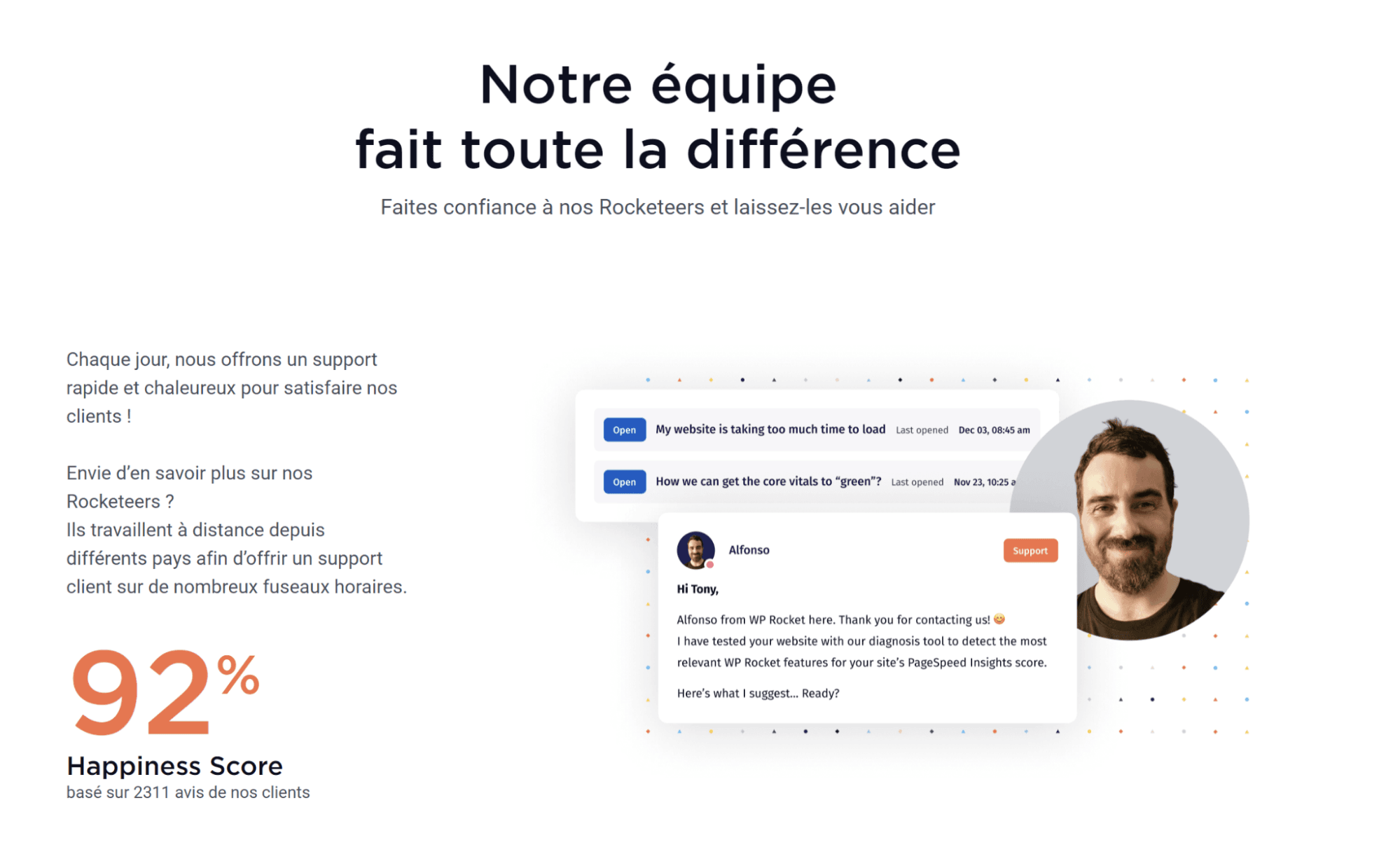 WP Rocket French homepage team testimonial section with English content in it.